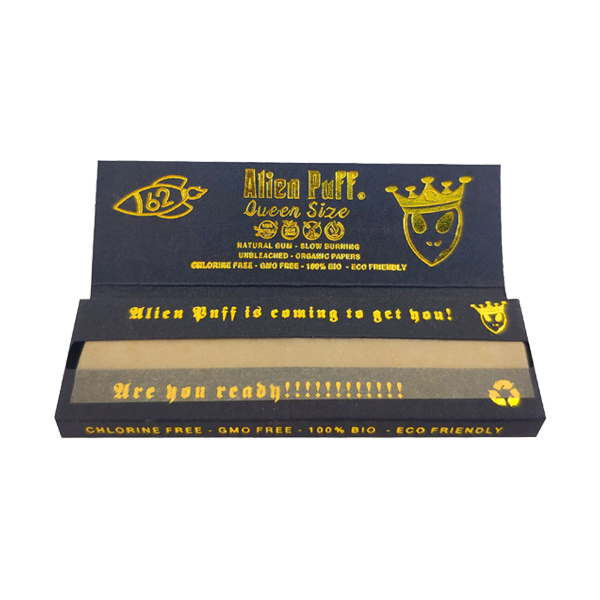 62 Alien Puff Black & Gold Queen Size Unbleached Brown Rolling Papers ( HP124 )